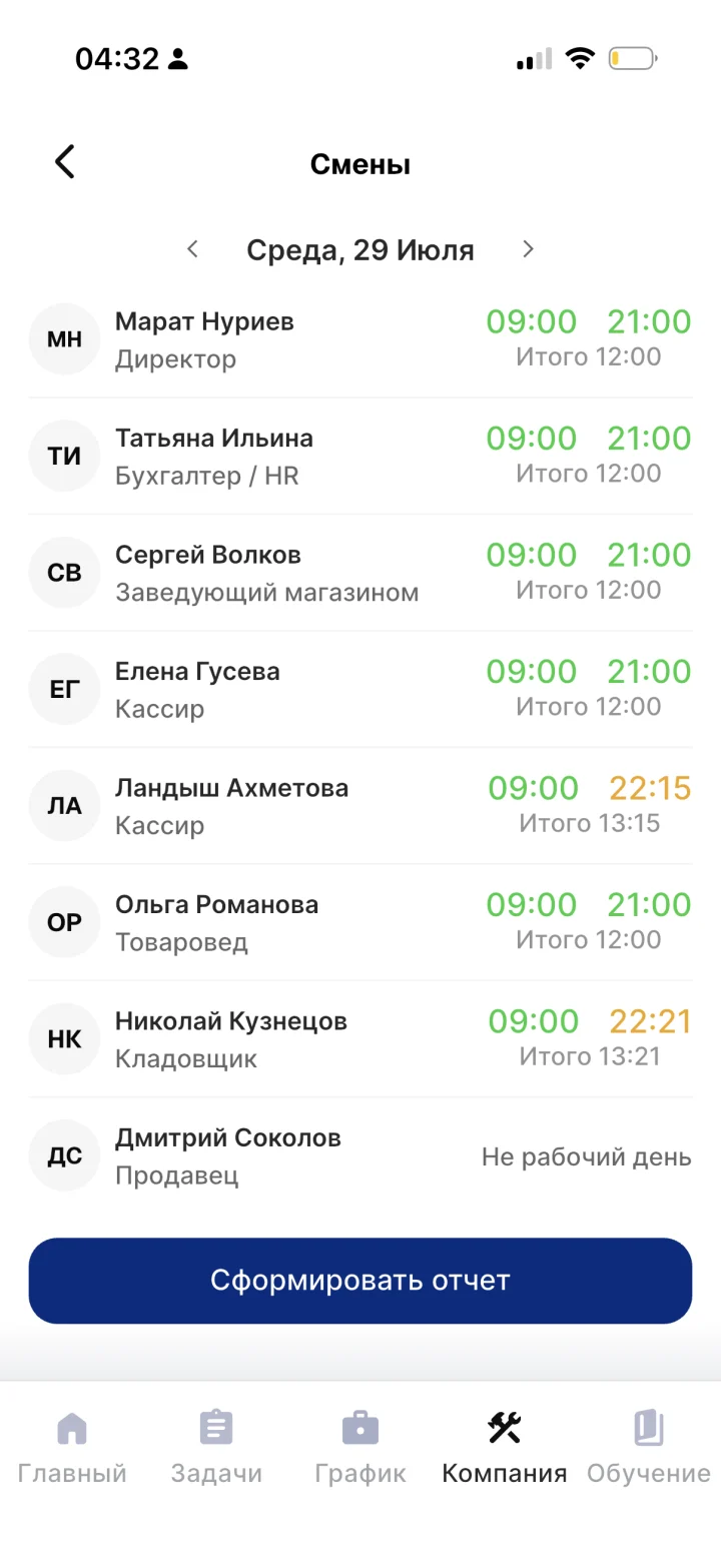 Смены за день — приложение Apartex